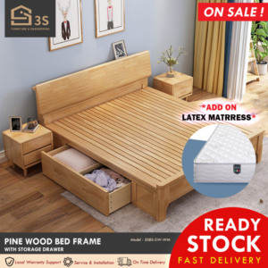 [3S  FURNITURE] Europe Stylish Solid Pine Wood Bed Frame + Add On Branded Lambswool Latex Mattress * FREE DELIVERY * (1Yr Local Warranty)